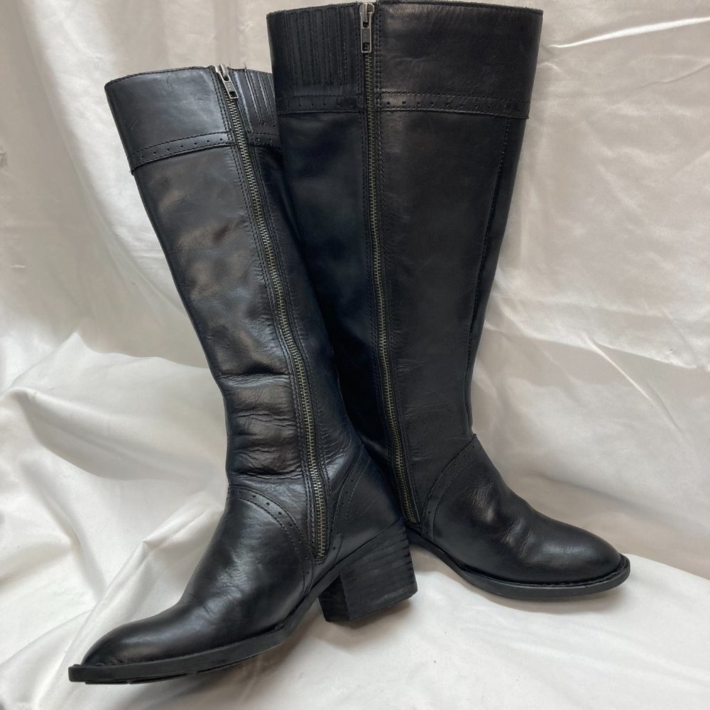 Born Tall Leather Boots Size 7 Black Double Zip Closure